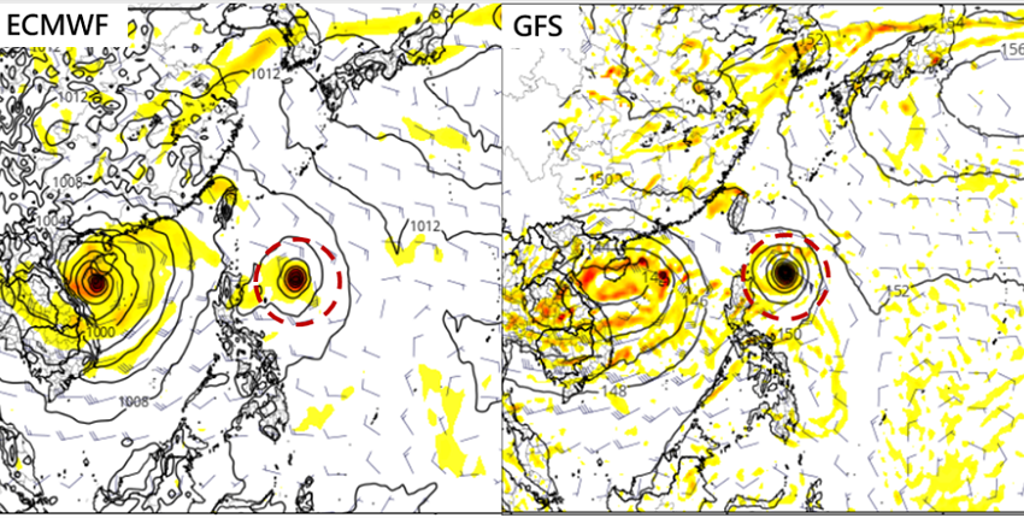 歐洲模式(左)及美國模式(右)，下週二仍持續模擬出在海南島附近有熱帶擾動存在；同時歐洲及美國模式皆在呂宋島東方海面，模擬出另有熱帶擾動發展(紅圈)。 圖／擷自tropical tidbits