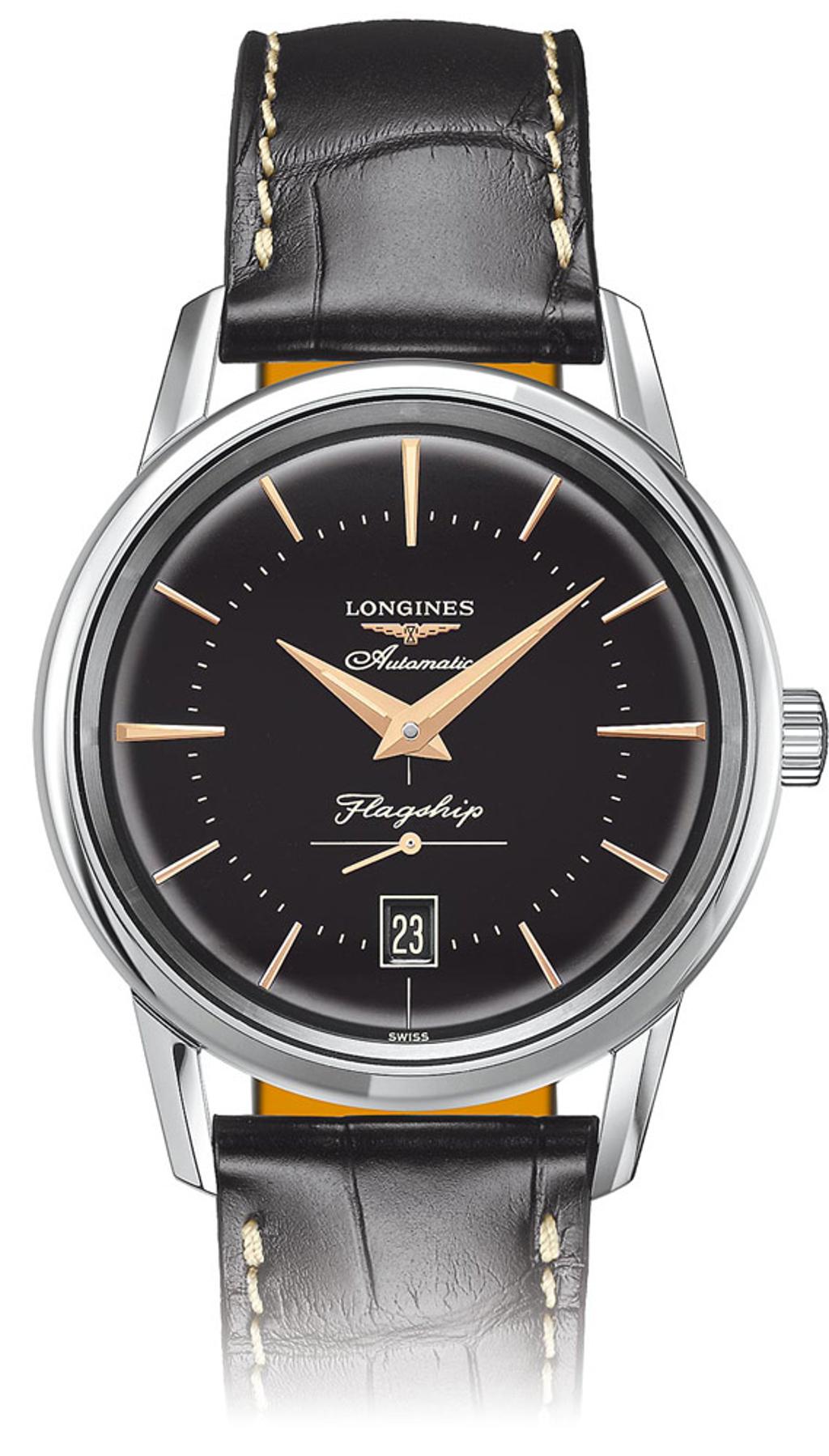 浪琴表Flagship Heritage旗艦系列復刻腕表，黑色面盤百搭又時尚，5萬2200元。圖／浪琴表提供