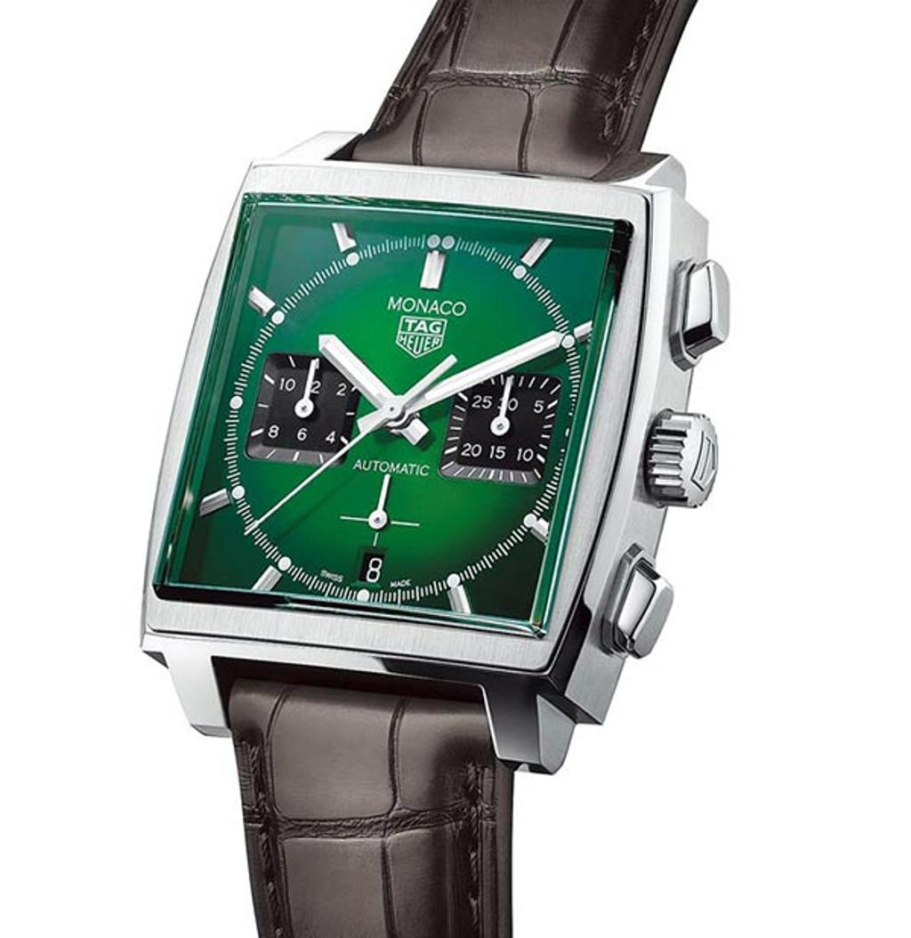 泰格豪雅MONACO綠面自動腕表，21萬8700元。圖／TAG Heuer提供