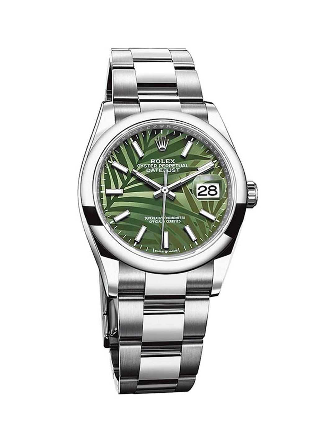 勞力士Oyster Perpetual Datejust 36腕表，綠色棕櫚葉圖案表盤，23萬3500元。圖／ROLEX提供