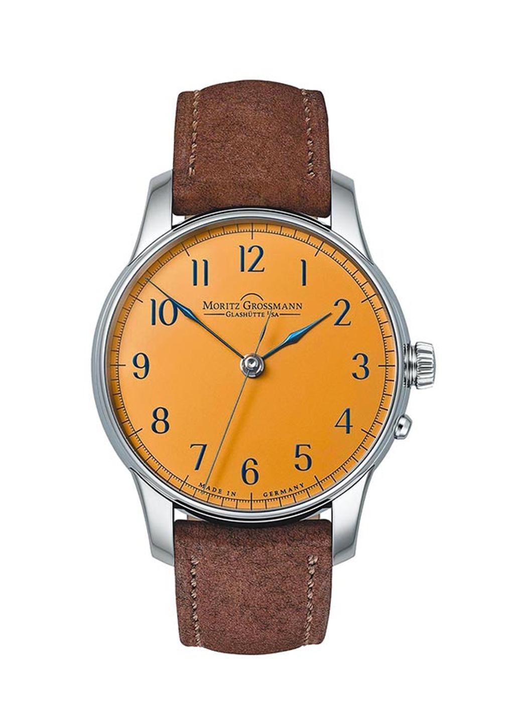獨立製表品牌Moritz Grossmann的ZENTRALSEKUNDE腕表，鮭魚色面盤款限量25只。圖／瑞博品提供