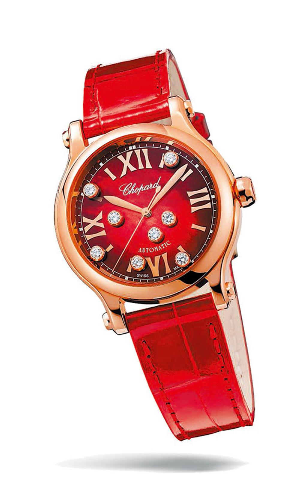 蕭邦在兔年推薦紅色系的Happy Sport珠寶表，八顆滑動鑽石有著「鑽轉賺」的意涵，56萬元。圖／CHOPARD提供