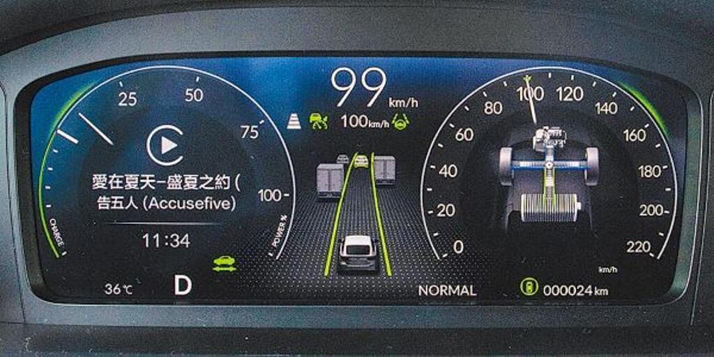  10.2吋液晶儀表可清楚顯示各項行車資訊，可辨識前方3車道不同車型。 圖／陳大任攝  