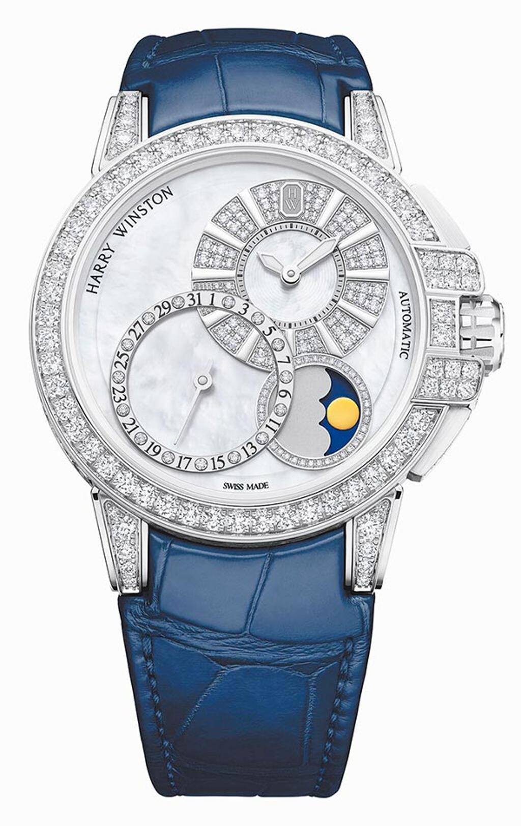 海瑞溫斯頓海洋Ocean系列Date Moon Phase自動腕錶，不對稱布局展示更大膽前衛的美學魅力。圖／Harry Winston提供