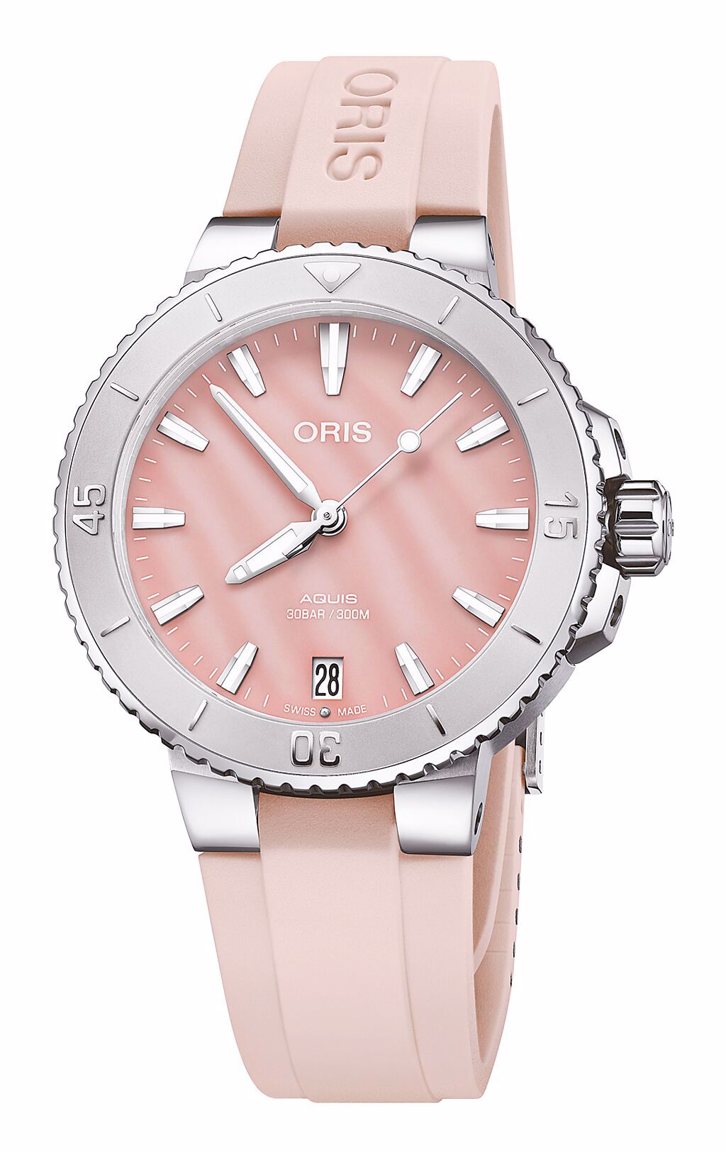 ORIS Aquis日期腕表，粉紅款，6萬5000元。圖／ORIS提供
