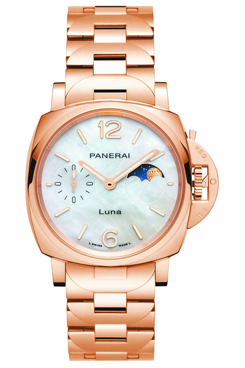沛納海Luminor Due Luna TuttoOro紅金月相腕表 （PAM01504）。圖／Panerai提供