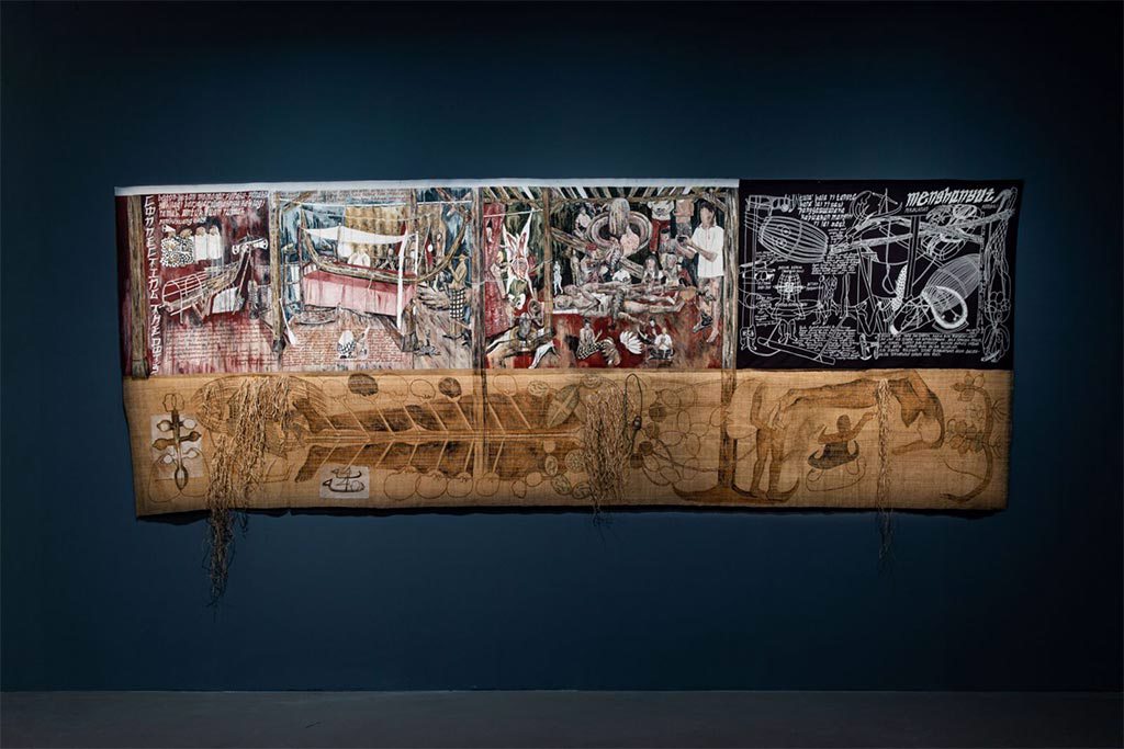 依佩．諾兒，《手繪：身體、旅程》，2023，天然顏料、畫布，160×400公分。圖／由藝術家及臺北市立美術館提供