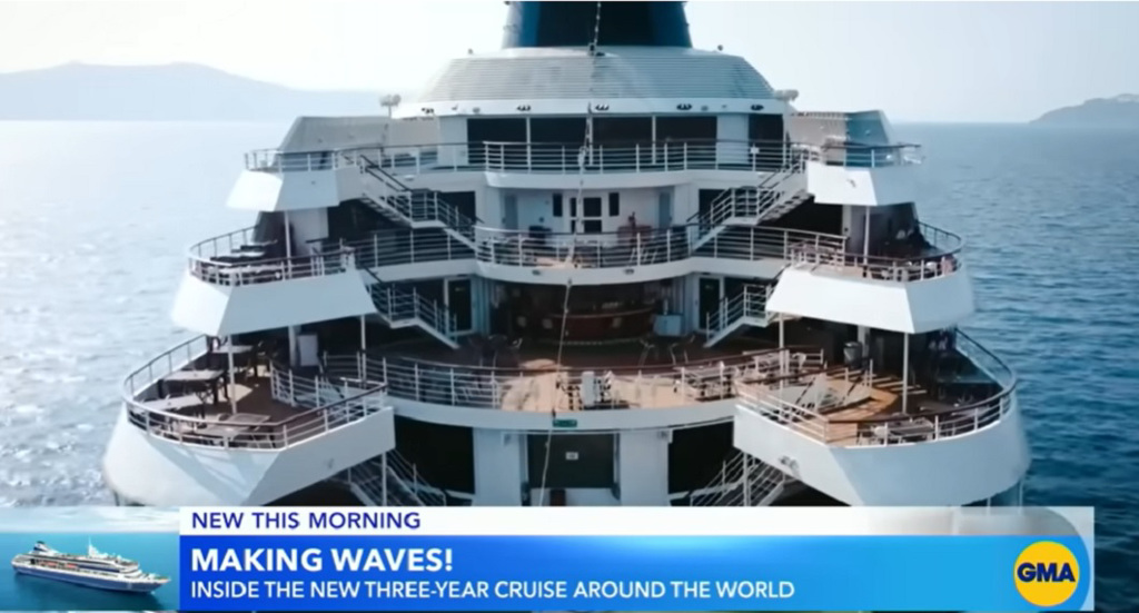 米瑞郵輪（Miray Cruises）今年初推出「海上生活」3年環球旅程，吸引不少退休人士報名參加。圖／圖／摘自網路YouTube影片