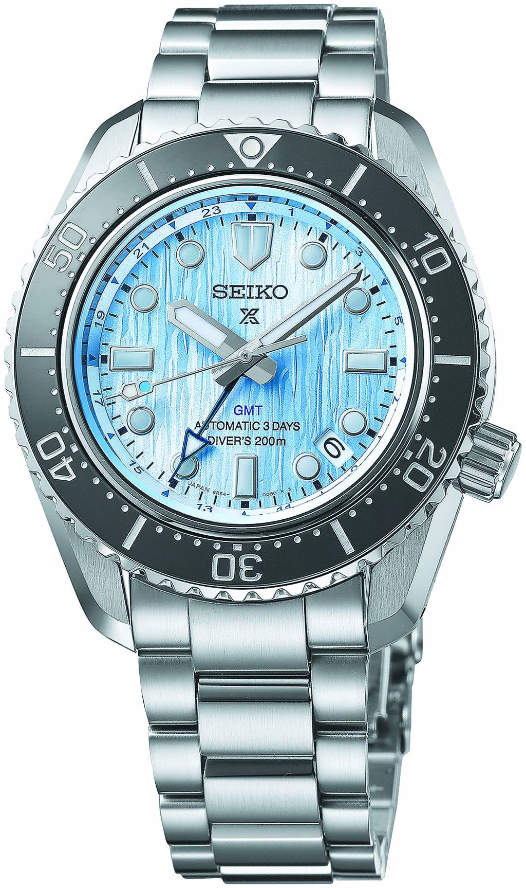 SEIKO Prospex歡慶110周年「Save the Ocean」GMT限定版腕表，水藍色表盤，5萬7500元。圖／SEIKO提供