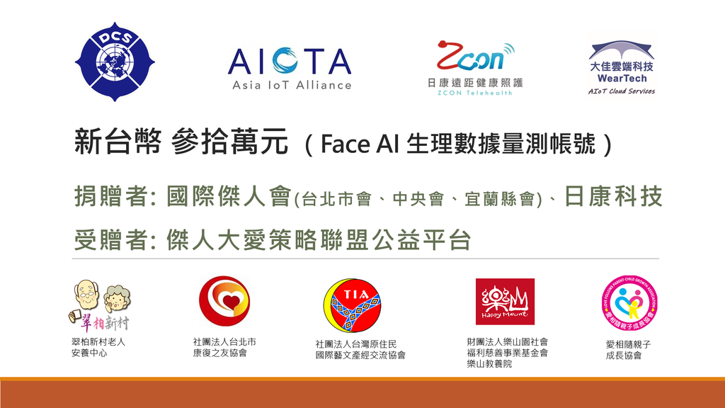 國際傑人會偕同日康科技公司、亞洲物聯網聯盟以及大佳雲端科技公司共同捐贈最新的Face AI生理數據量測帳號。圖/台北市傑人會提供