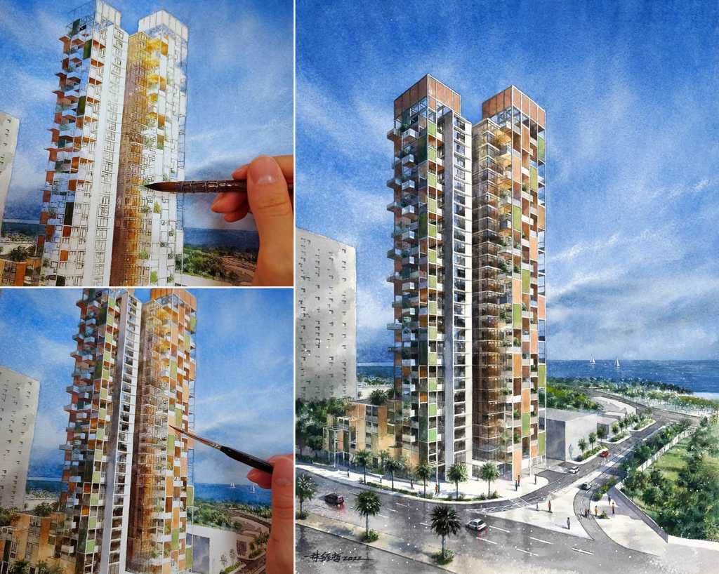 杜拜建商委託林經哲繪製一系列豪宅建案水彩作品之一。林經哲/提供