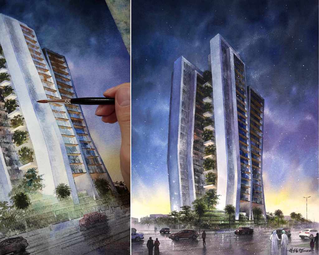 杜拜建商委託林經哲繪製一系列豪宅建案水彩作品之二 。林經哲/提供
