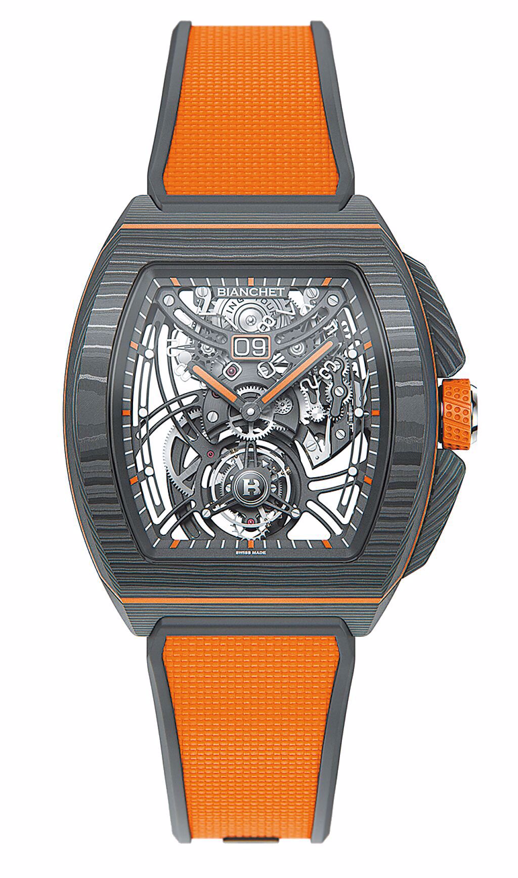 獨立製表品牌BIANCHET飛行陀飛輪碳纖維腕表，橘色款，258萬元。圖／BIANCHET提供