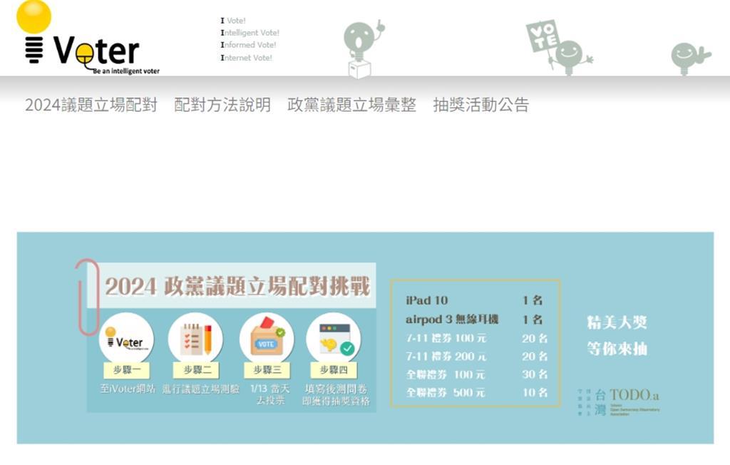 中山大學政治學研究所結合台灣開放民主守望協會，共同開發iVoter政黨議題立場配對平台，APP於2日宣布正式上線。（取自iVoter官網／李侑珊台北傳真）