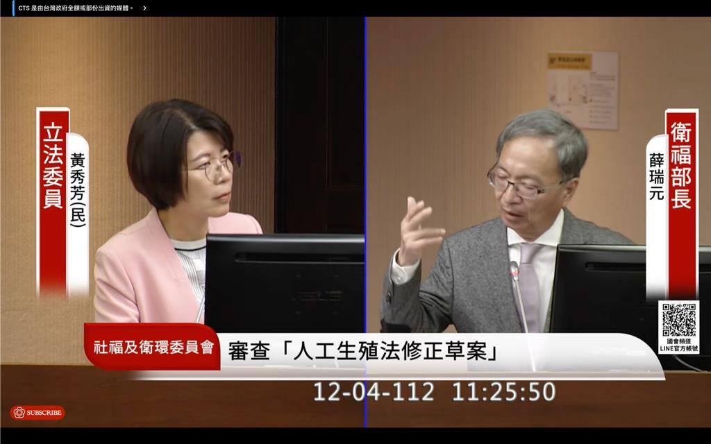 衛福部長薛瑞元表示，目前國健署除單身女性，包含代孕在內的條文都已出來，接下來將召開公聽會討論。（圖取自國會頻道）