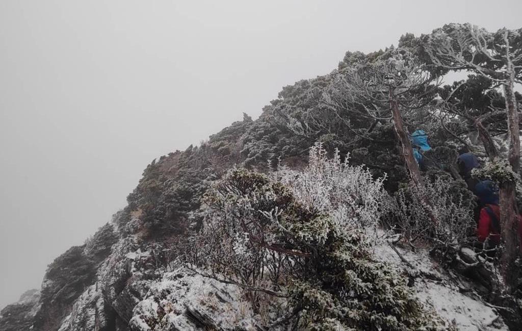 南湖大山昨天迎來入冬第一場雪，主峰山頭一片白靄靄，讓攻頂的山友都好興奮。（太管處提供／王志偉花蓮傳真）
