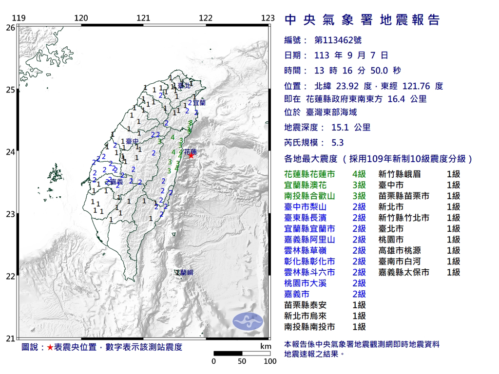 13：16規模5.3地震 花蓮4級 幾乎全台有感