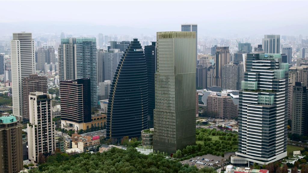 聯聚中衡大廈（中）位於市政北二路與朝富路口核心角地，樓高37層，完工後將成為自國道及74 號快速道路，望向七期時的重要城市門面。示意圖／取自聯聚官網