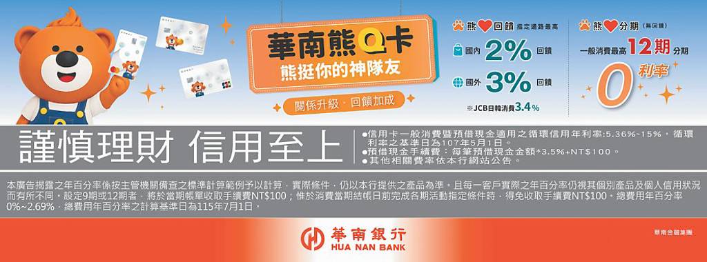 華南銀行推熊Q卡 輕鬆享回饋